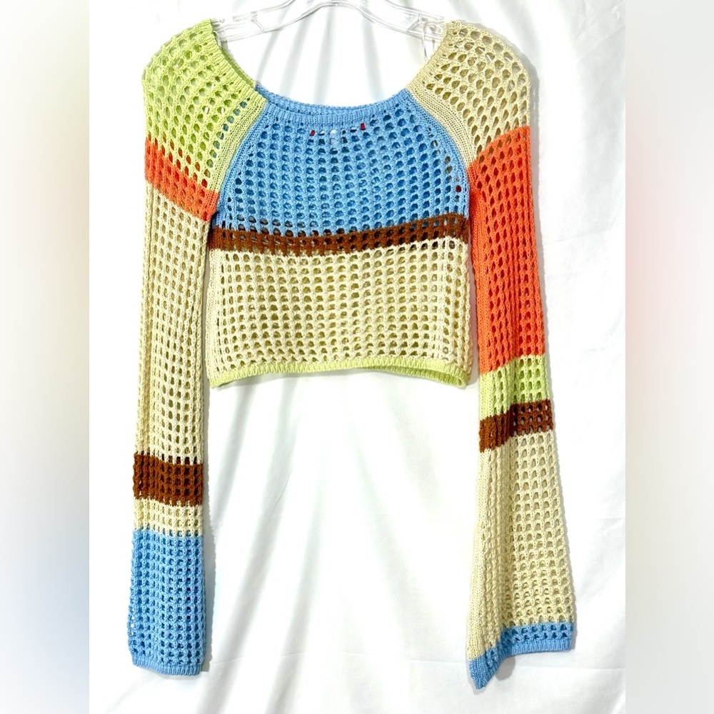 UO “Chloe” Multi Color Striped Open Knit Cropped Sweater With Bell Sleeves - Picture 5 of 7